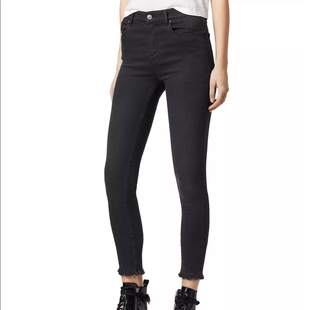 All Saints Miller Frayed-Hem Skinny Jeans in black